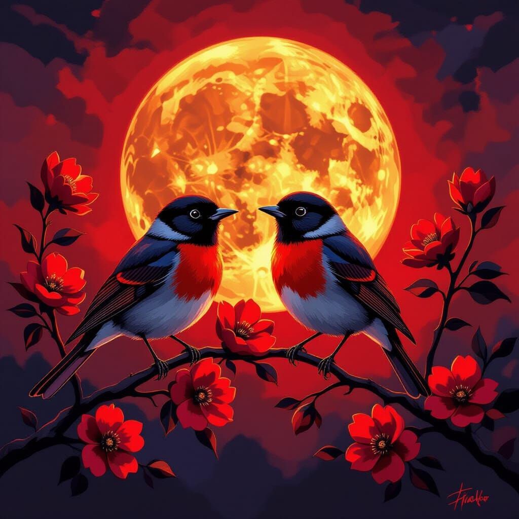 Crimson Robins Under Blood Moon in Expressionist Style