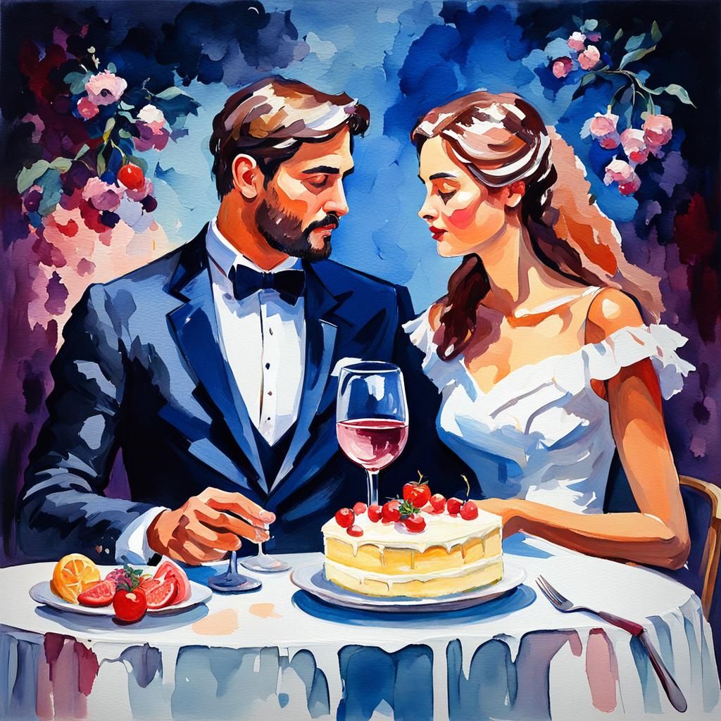 Romantic Gouache Night: Couple Sharing Wine and Cake
