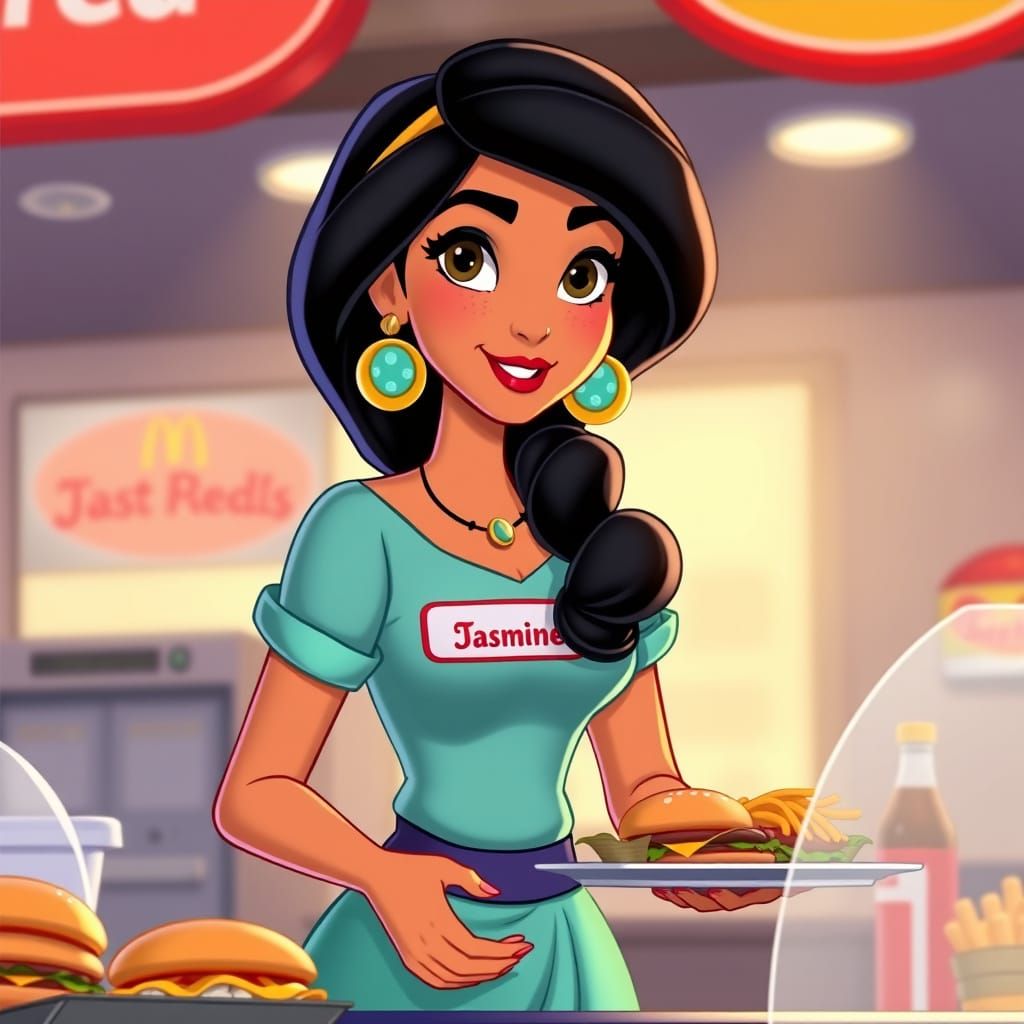 Jasmine as Fast Food Worker in Classic Disney Style