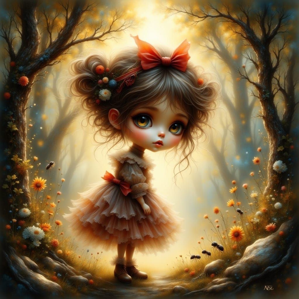 Cute Doll-Child in Enchanted Forest