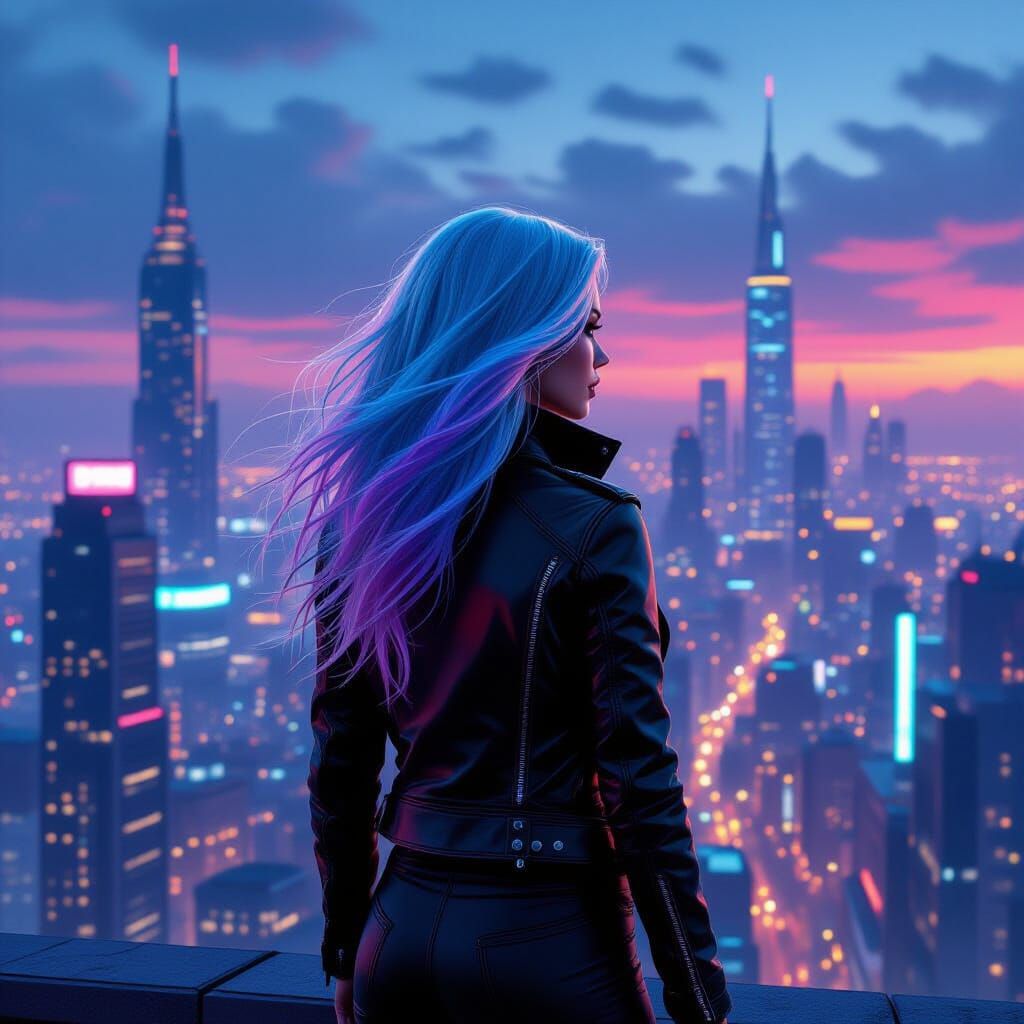 Cyberpunk Woman Overlooking Neon Cityscape