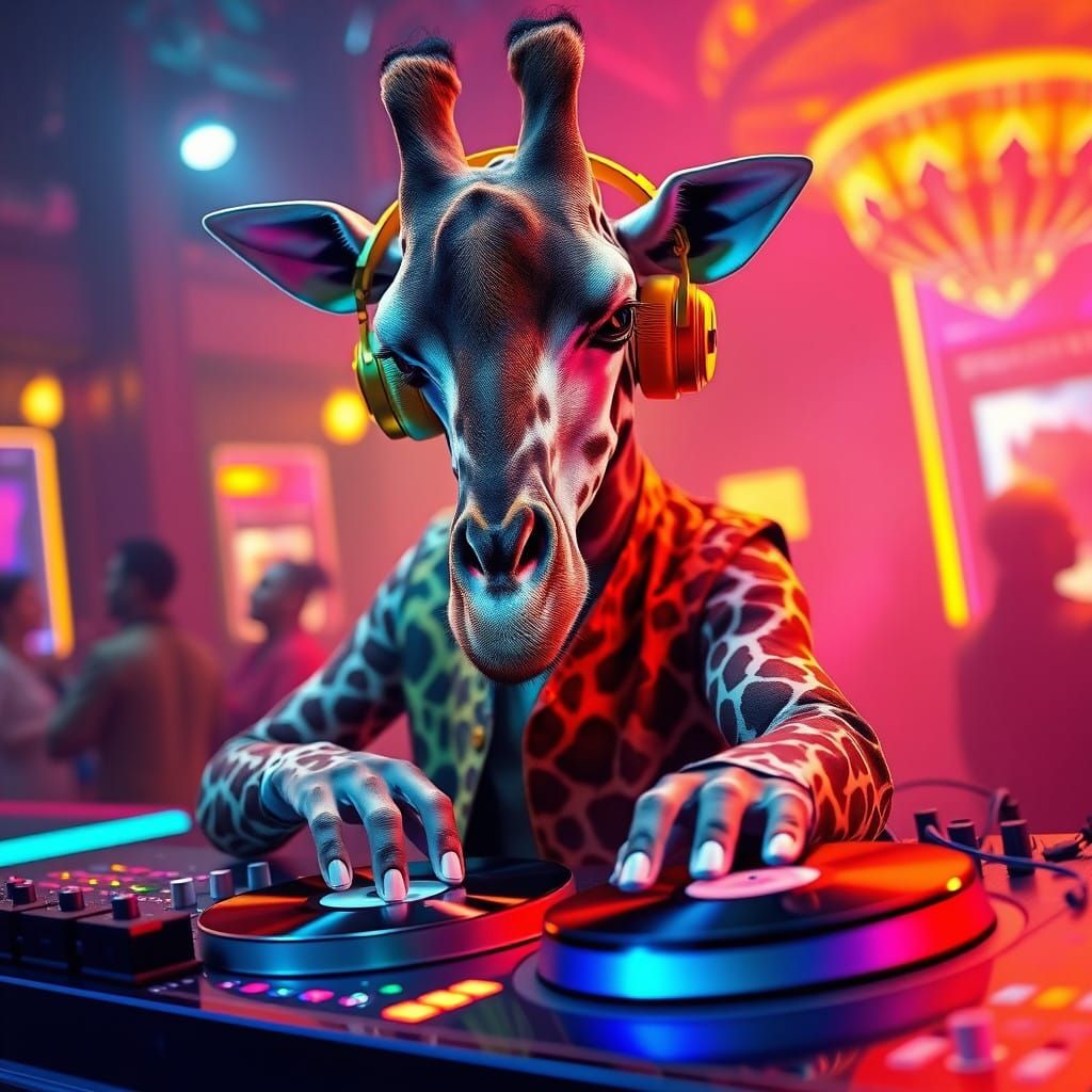 Giraffe Club DJ Intensely Spins Records Under Neon Lights