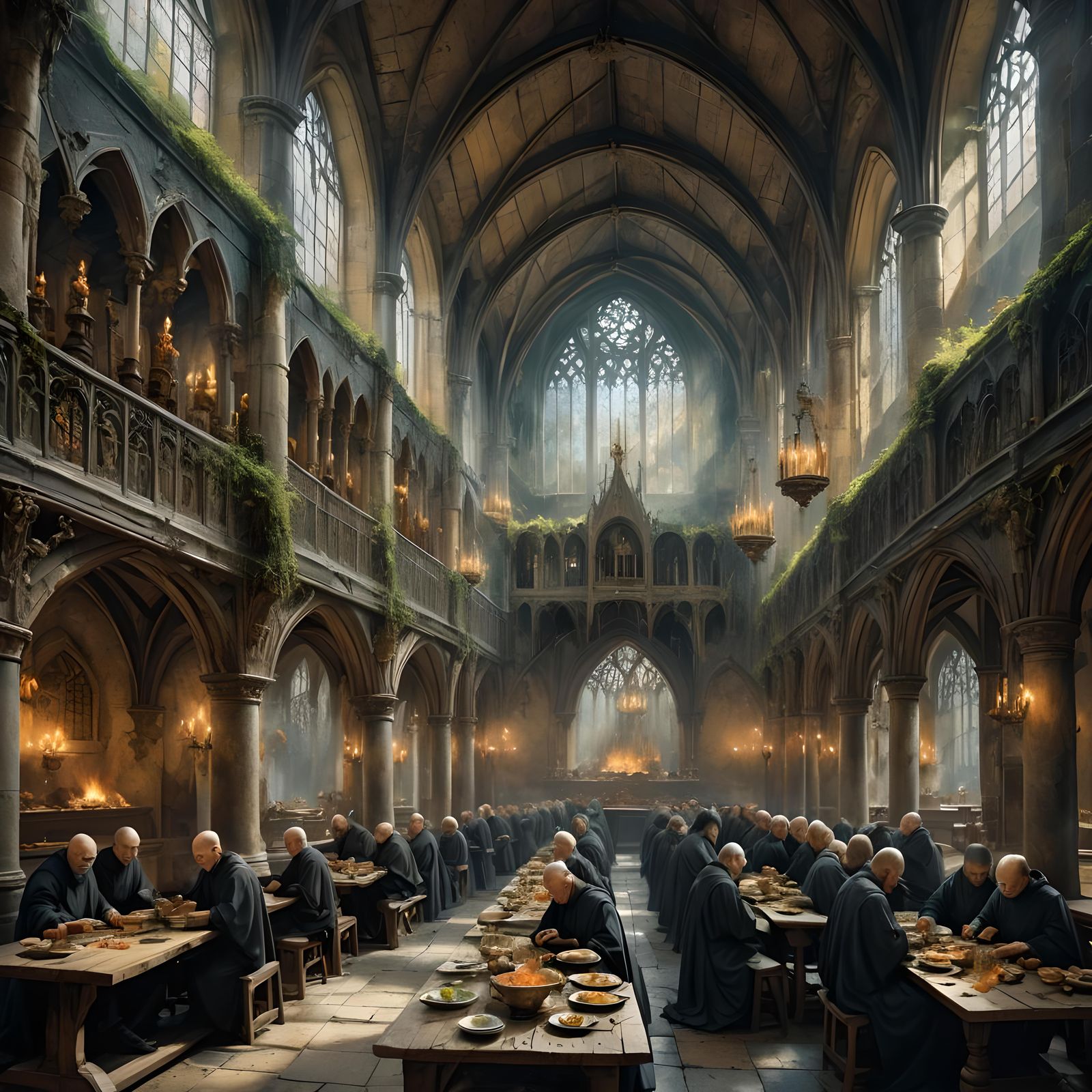 Monks Eating Soup in Gothic Refectory, Watercolor Art