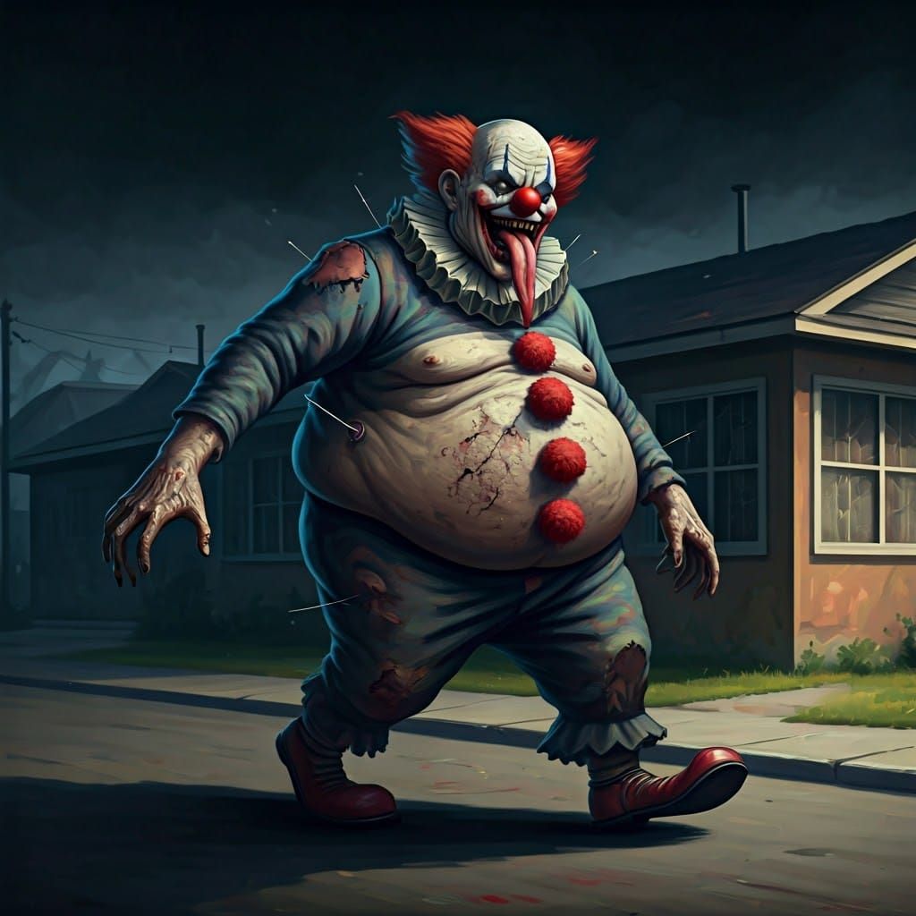Menacing Clown Creature Marches Down Suburban Street in a Gr...