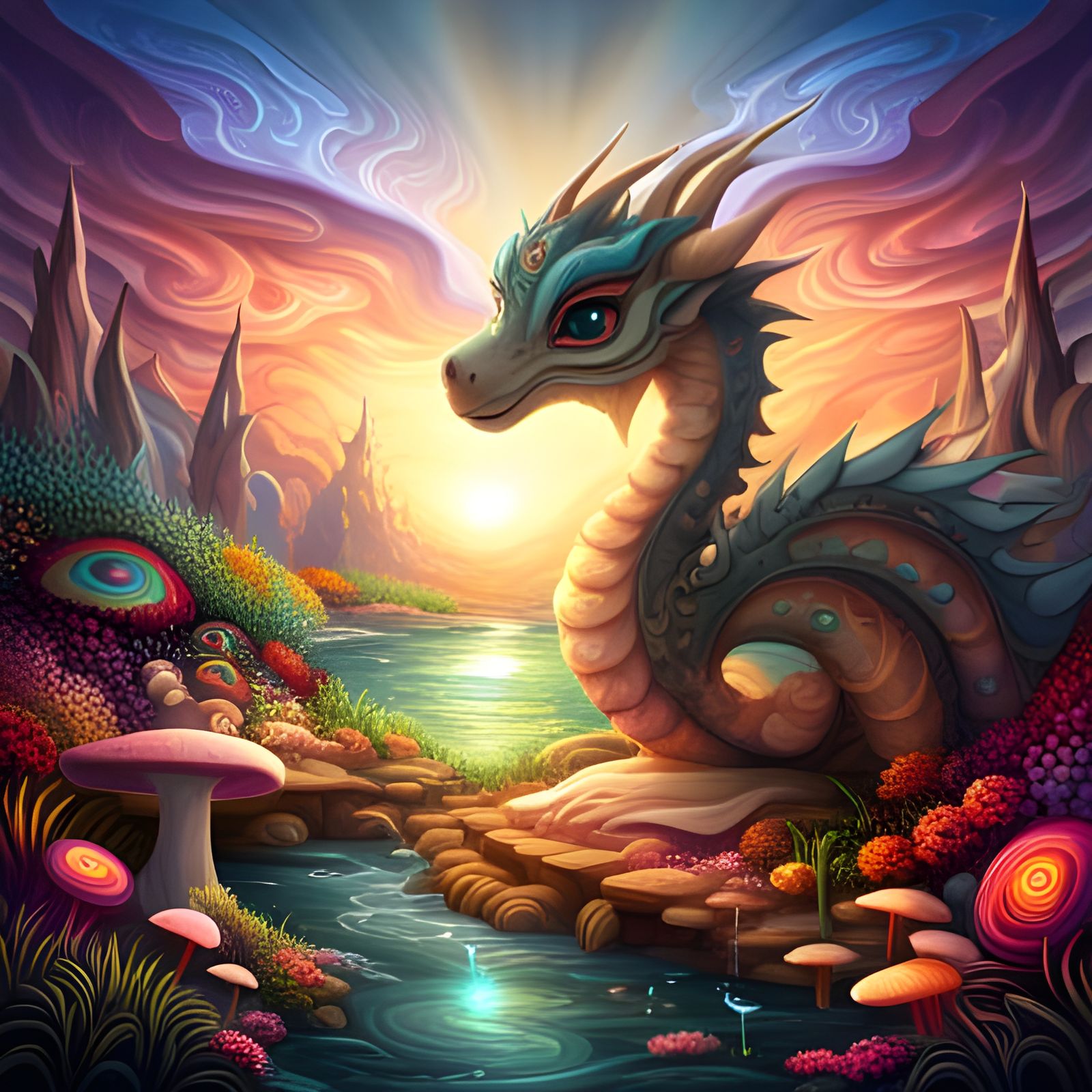 Rainbow Baby Dragon in Flower Forest Pool