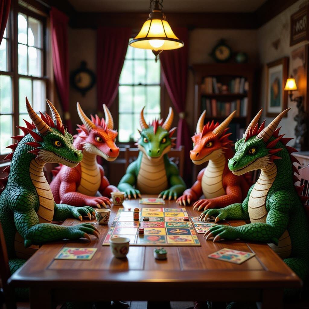 Dragons Play Board Games Around a Table