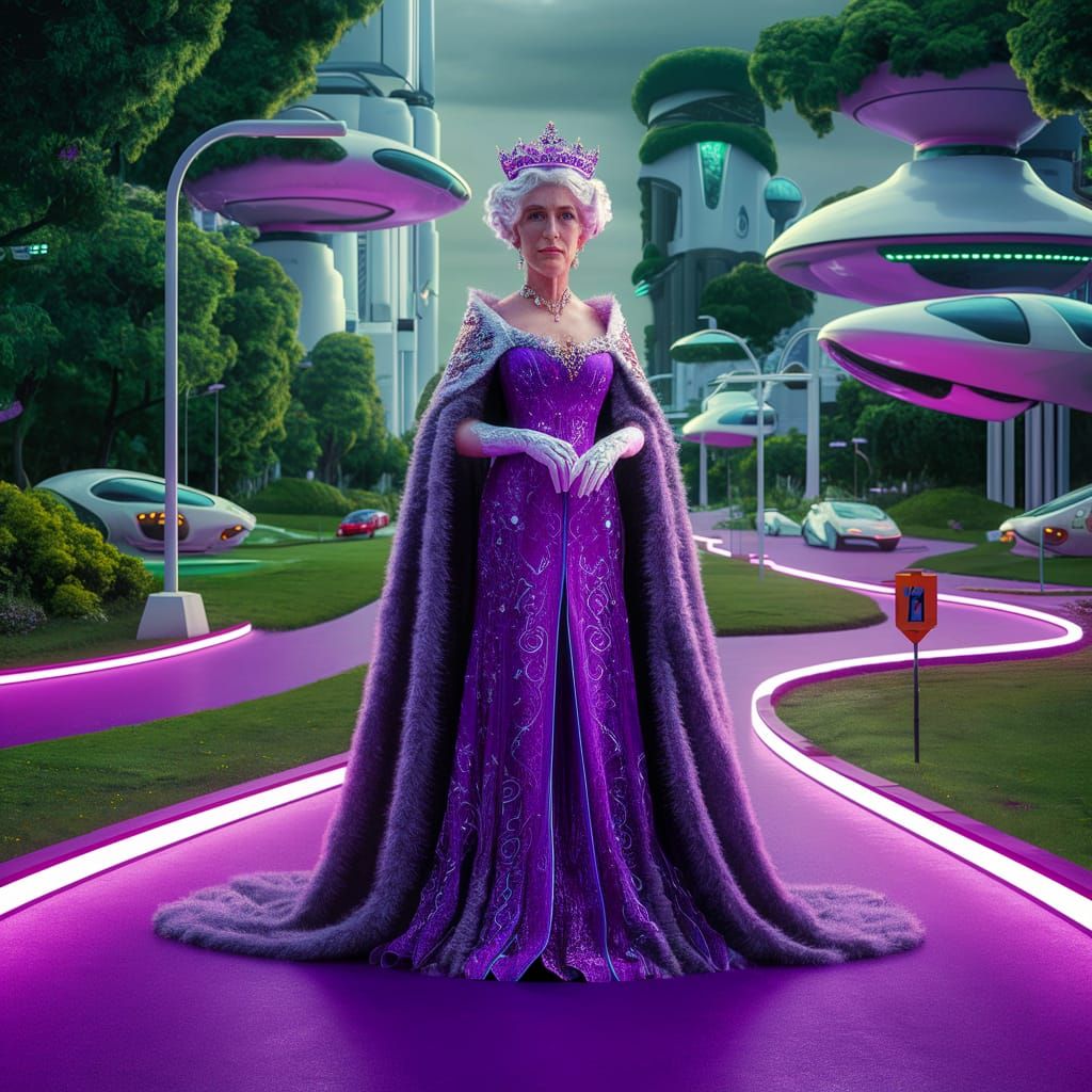 Queen on Neon Road in Green Futuristic Suburb