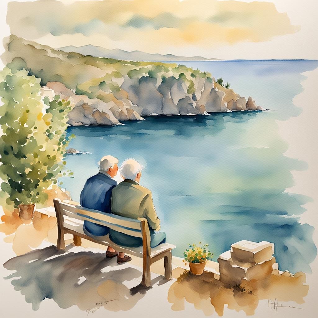 Romantic Seaside View in Watercolor Style