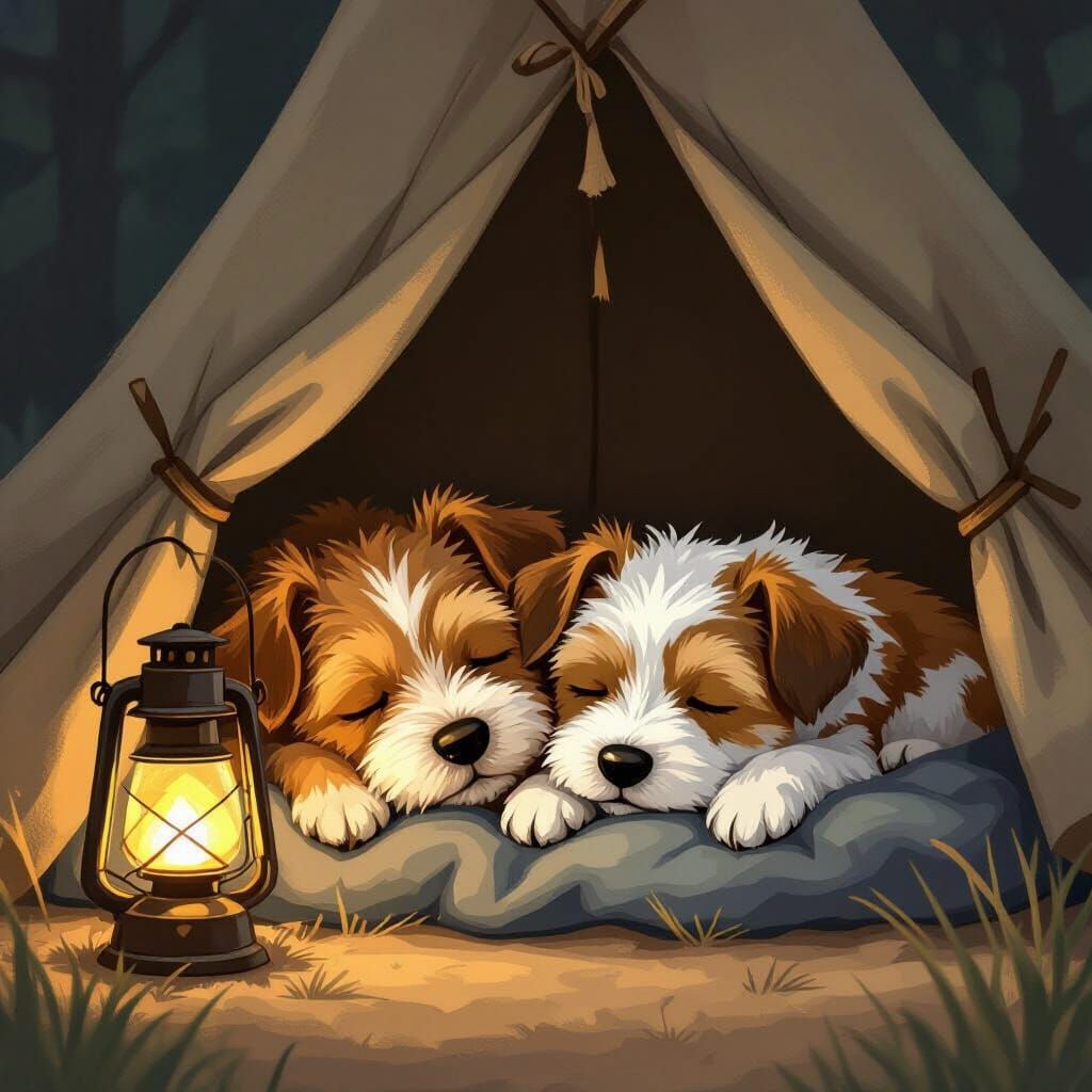 Two Scruffy Dogs Sleeping in a Cozy Tent