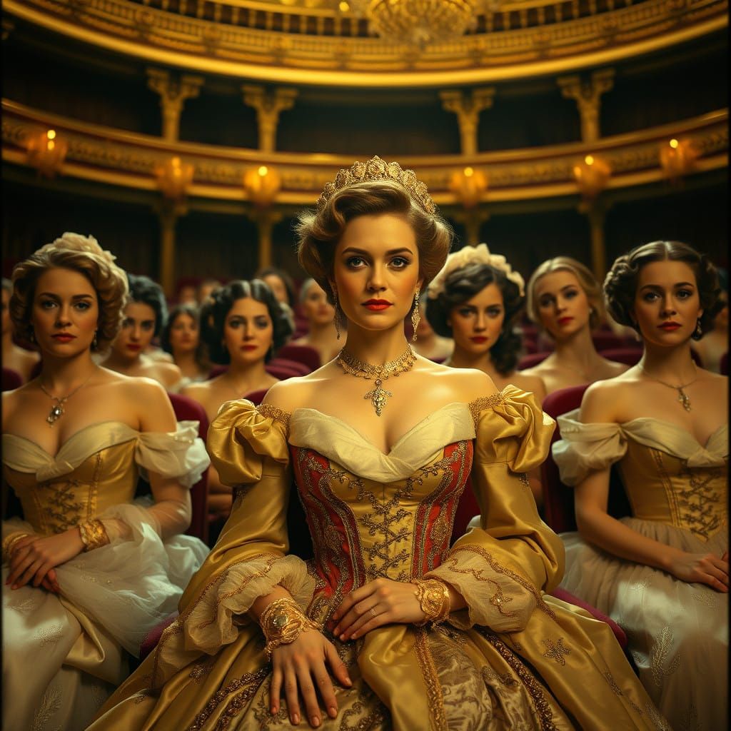 Elegant Countess and Maidens in 19th-Century Opera Box