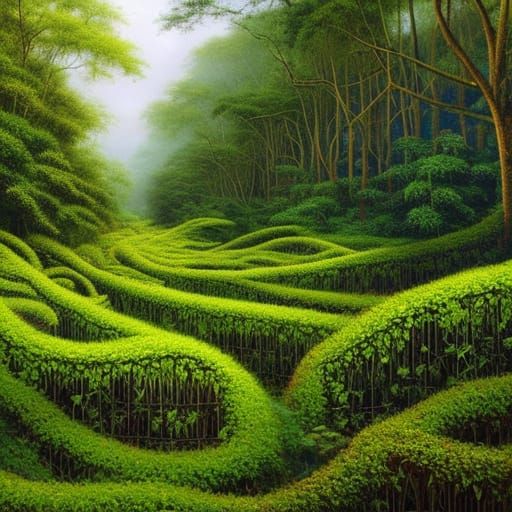Lush Overgrown Cityscape in Oil Painting Style