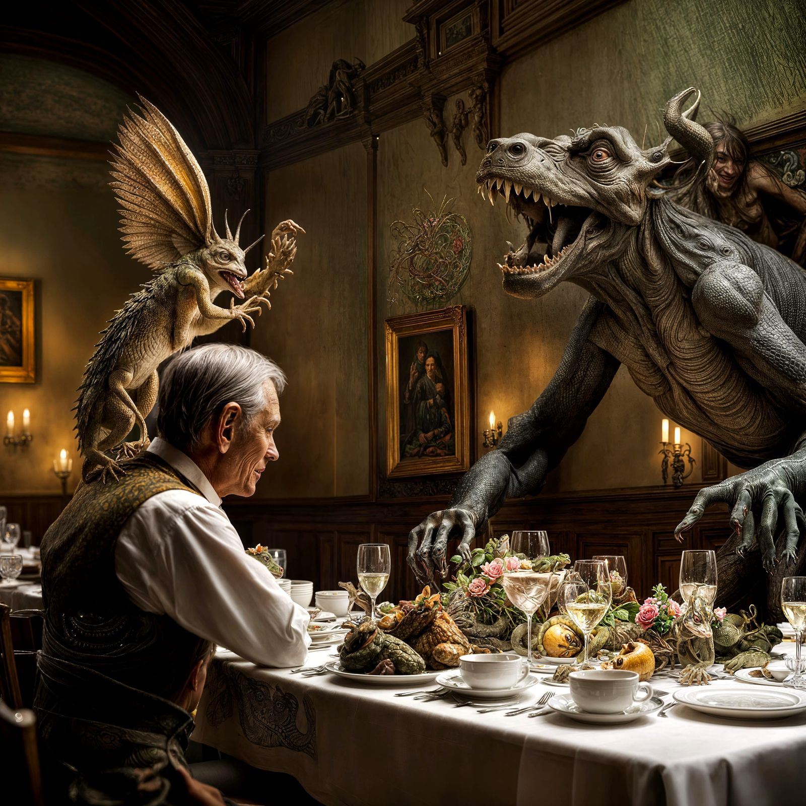 Surreal Restaurant with Bizarre Creatures, Detailed Painting