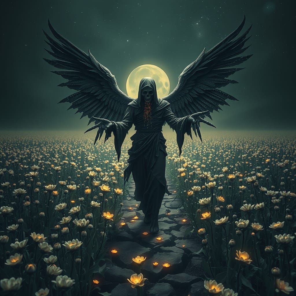 The Tragic Angel of Death in a Field of Withered Blooms