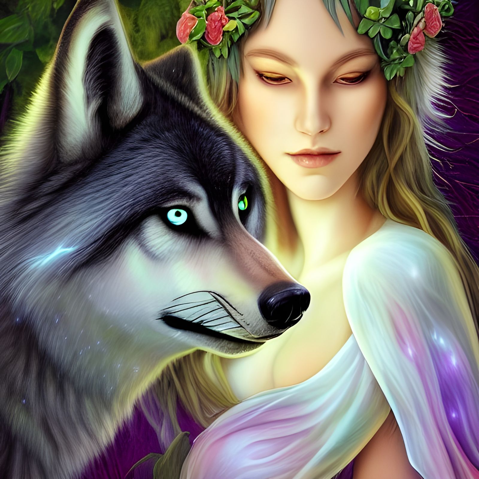 Fairy Princess and Luminous-Eyed Wolf Portrait