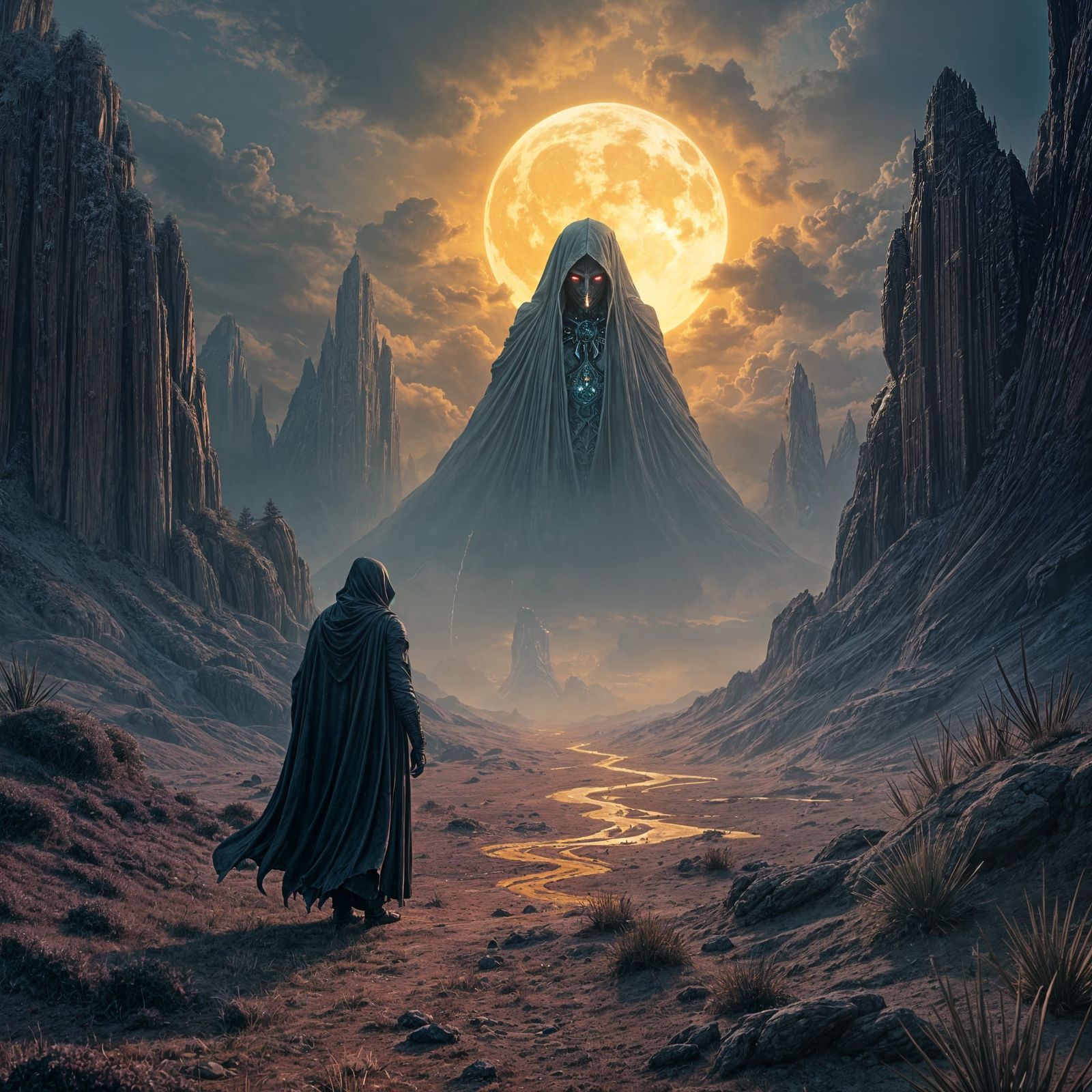 Dark Fantasy Figure Under Watchful Eye