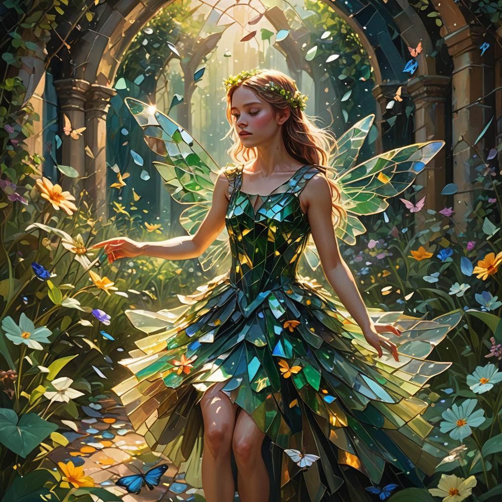 Girl with Fairy in Flower Garden, Art Nouveau Style