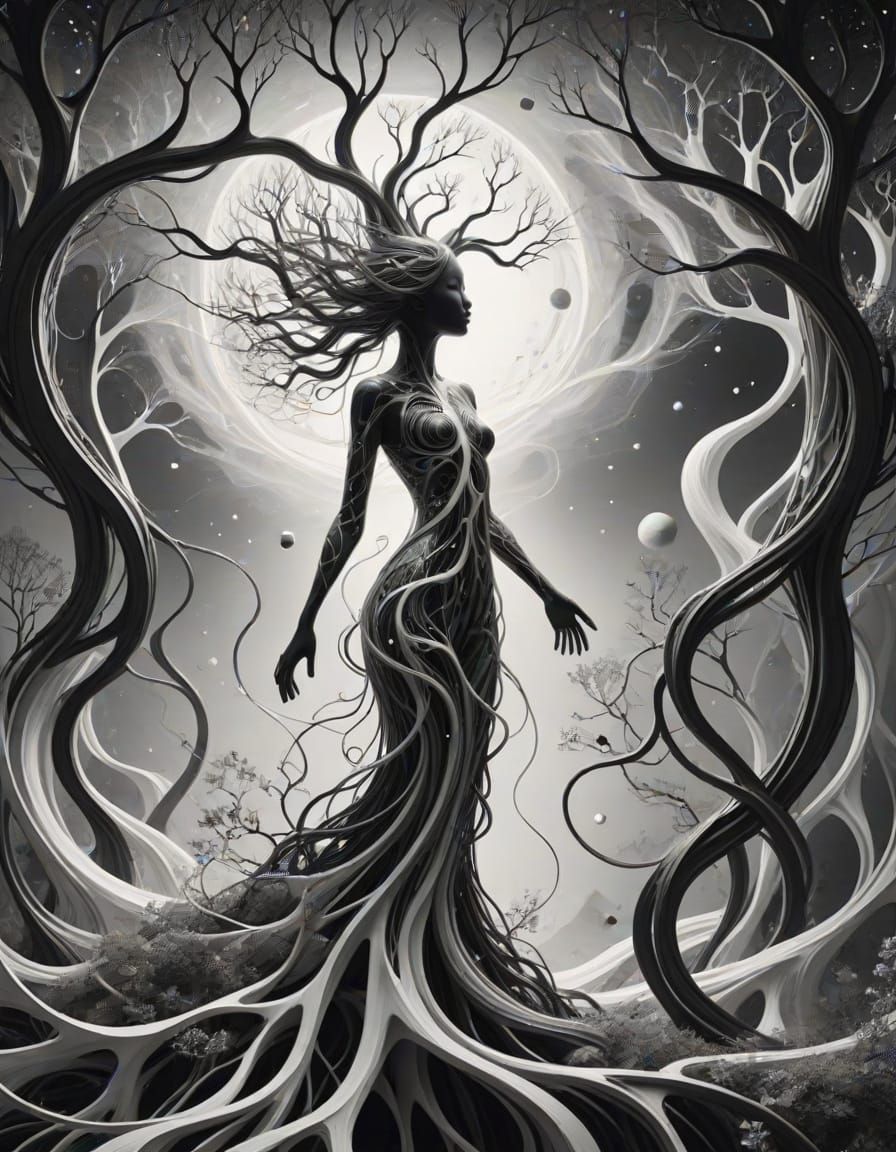 Surreal Abstract Figure Merging With Nature and Cosmos