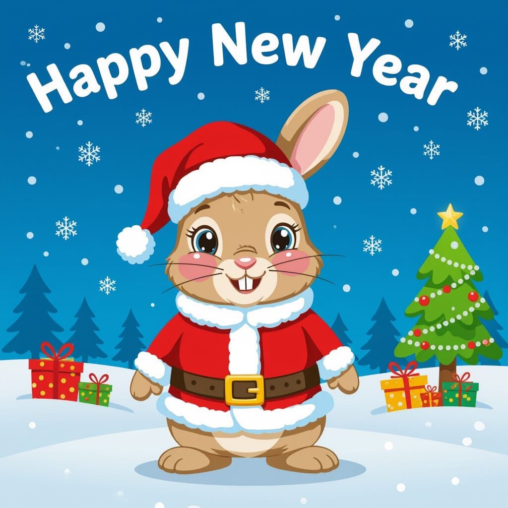 Cute Rabbit in Santa Outfit with Happy New Year Message