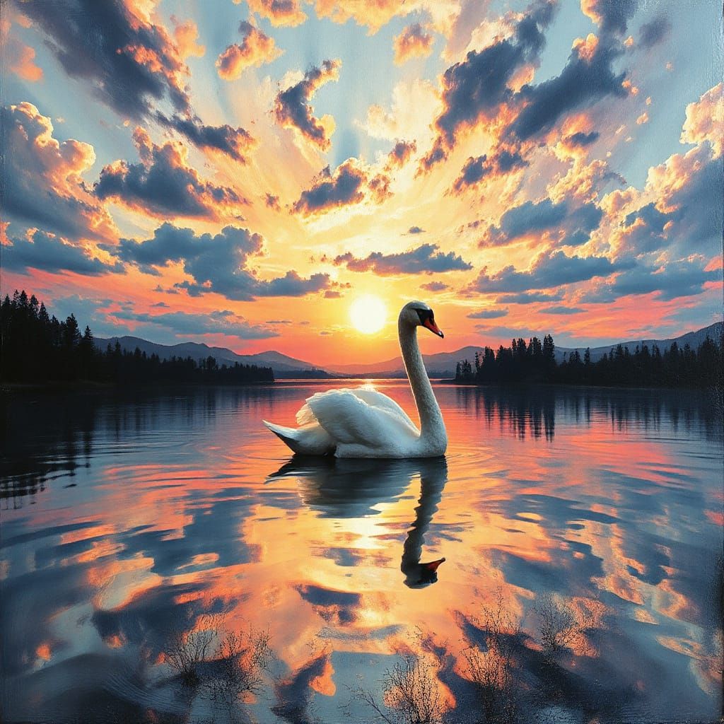 Swan on Serene Lake in Vibrant Expressionist Style