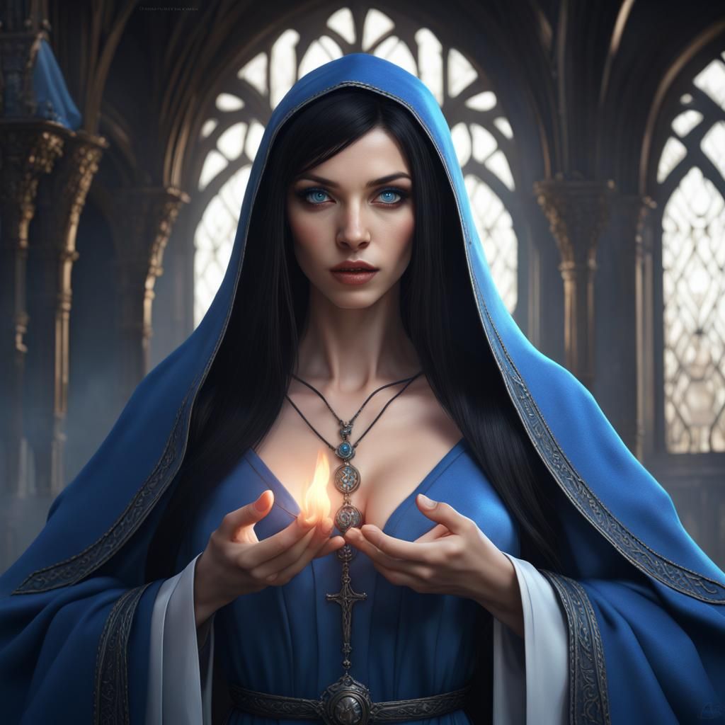 French Sorceress Nun with Blue Robe in Matte Painting