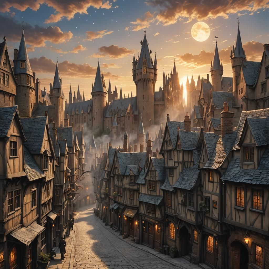 Medieval Fantasy Town Silhouette at Dawn