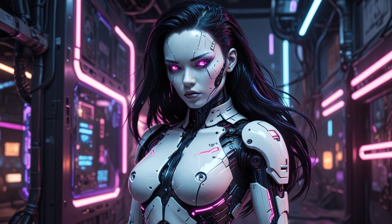 Cyberpunk Android Pinup with Neon Lighting
