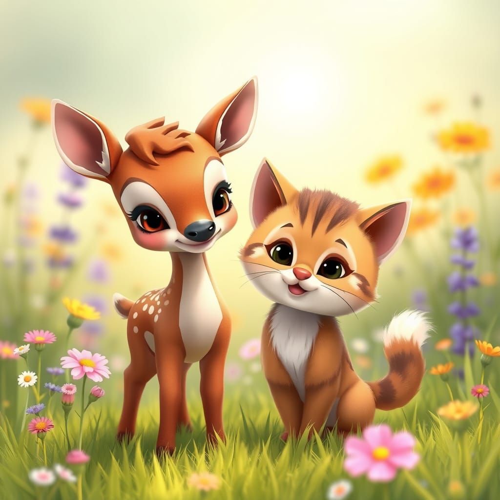 Whimsical Friends in a Lush Meadow, Semi-Realistic Cartoon S...