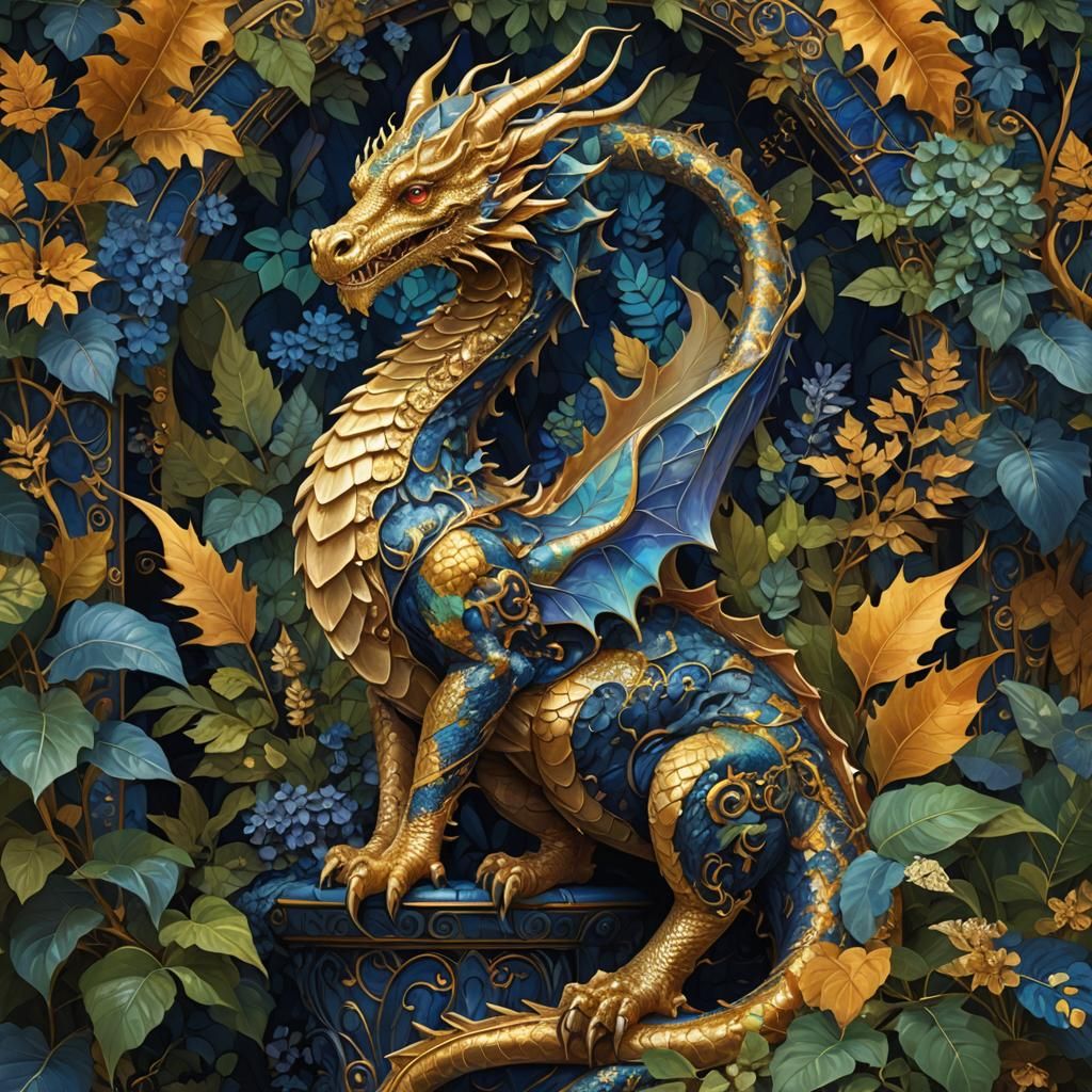 Regal Dragon Throne Scene in Gustav Klimt-Inspired Fantasy S...