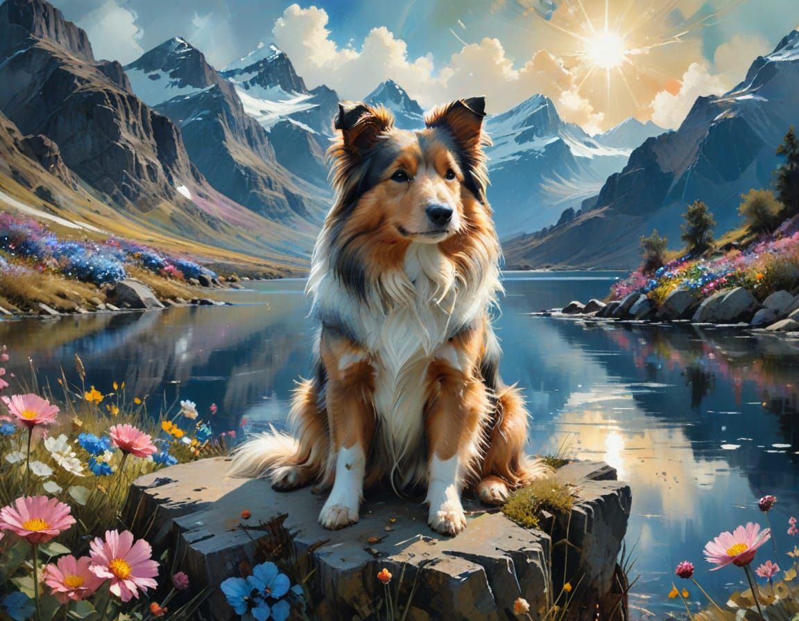 Sitting Sheltie in a Watercolor Mountain Landscape