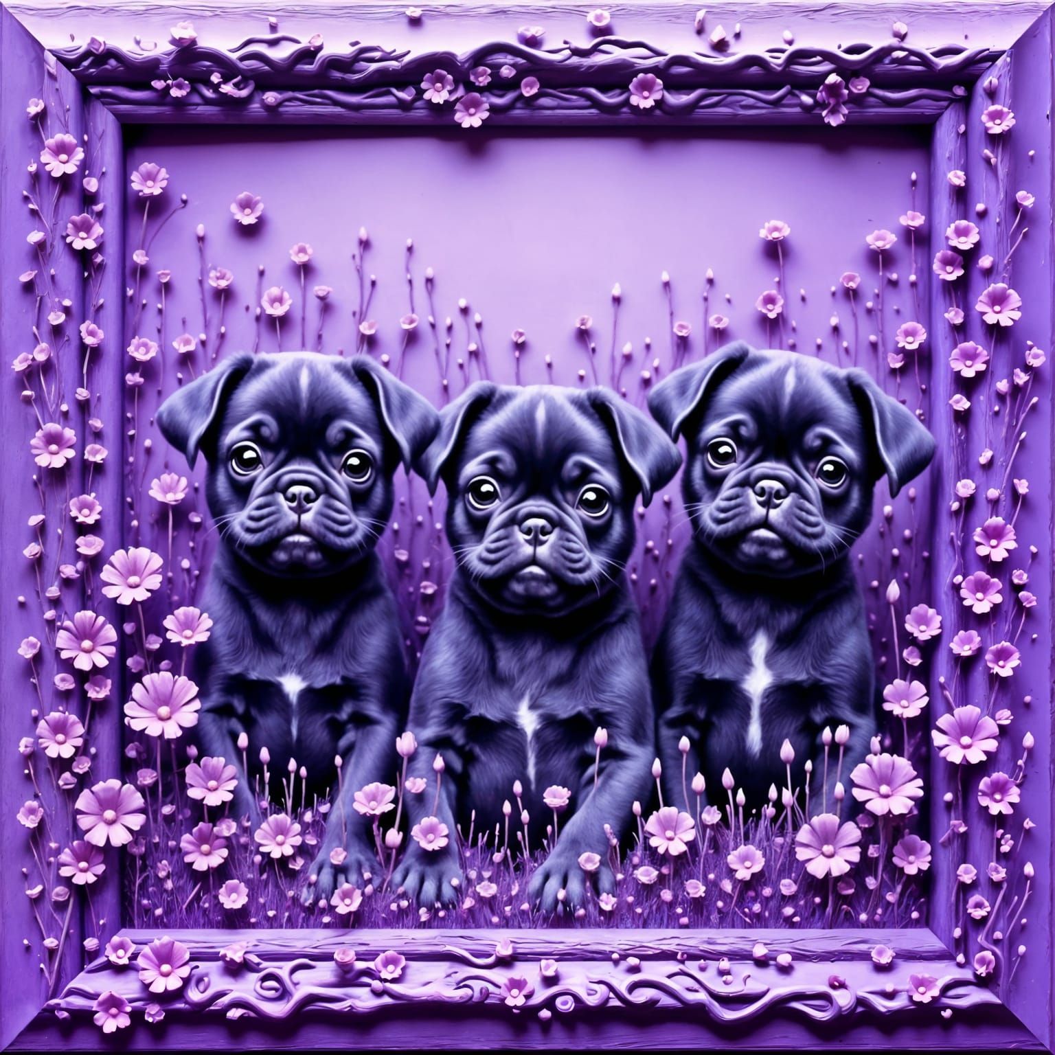 Pug Puppies in a Vibrant Prairie Scene