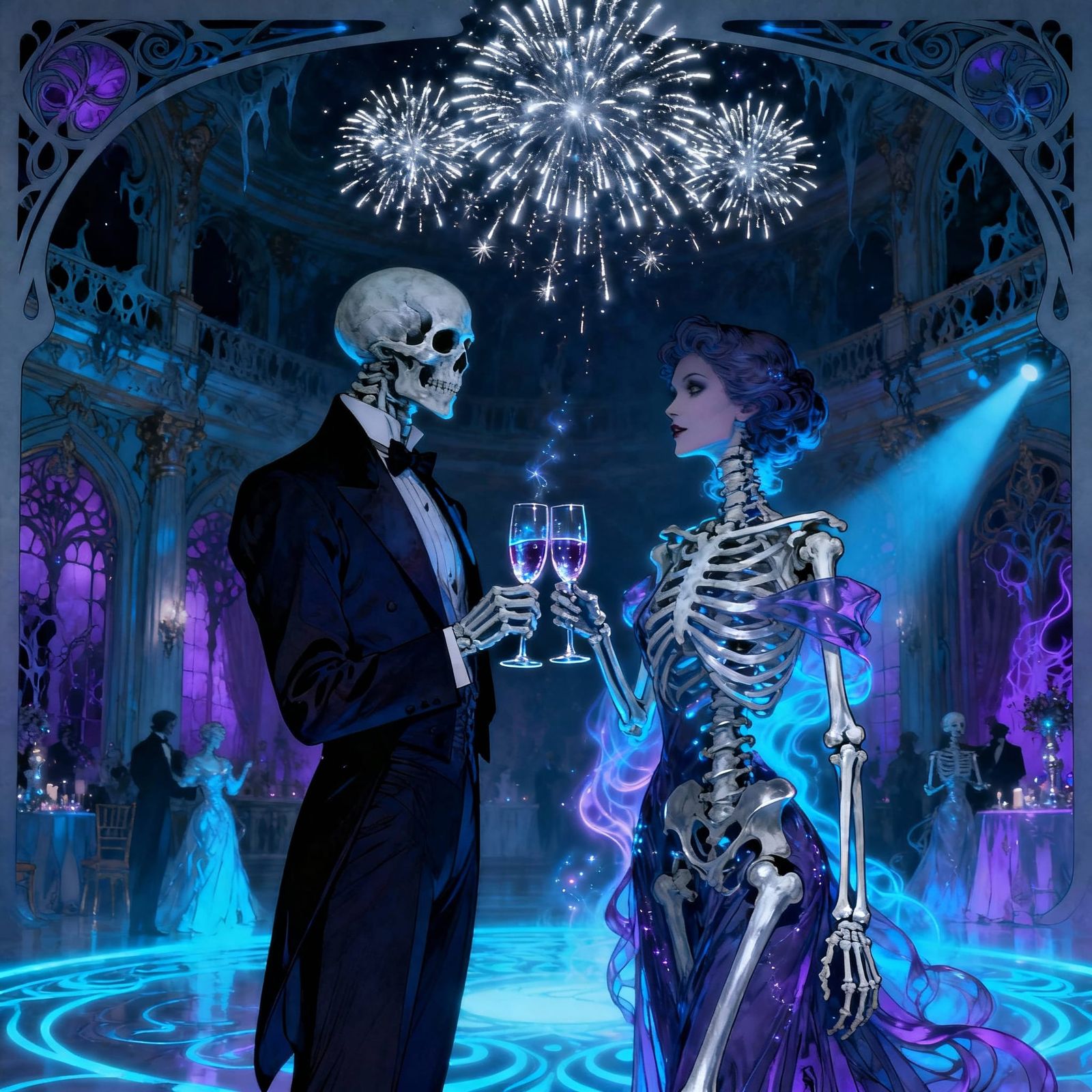 Elegant Undead Couple Toasting in Haunted Ballroom