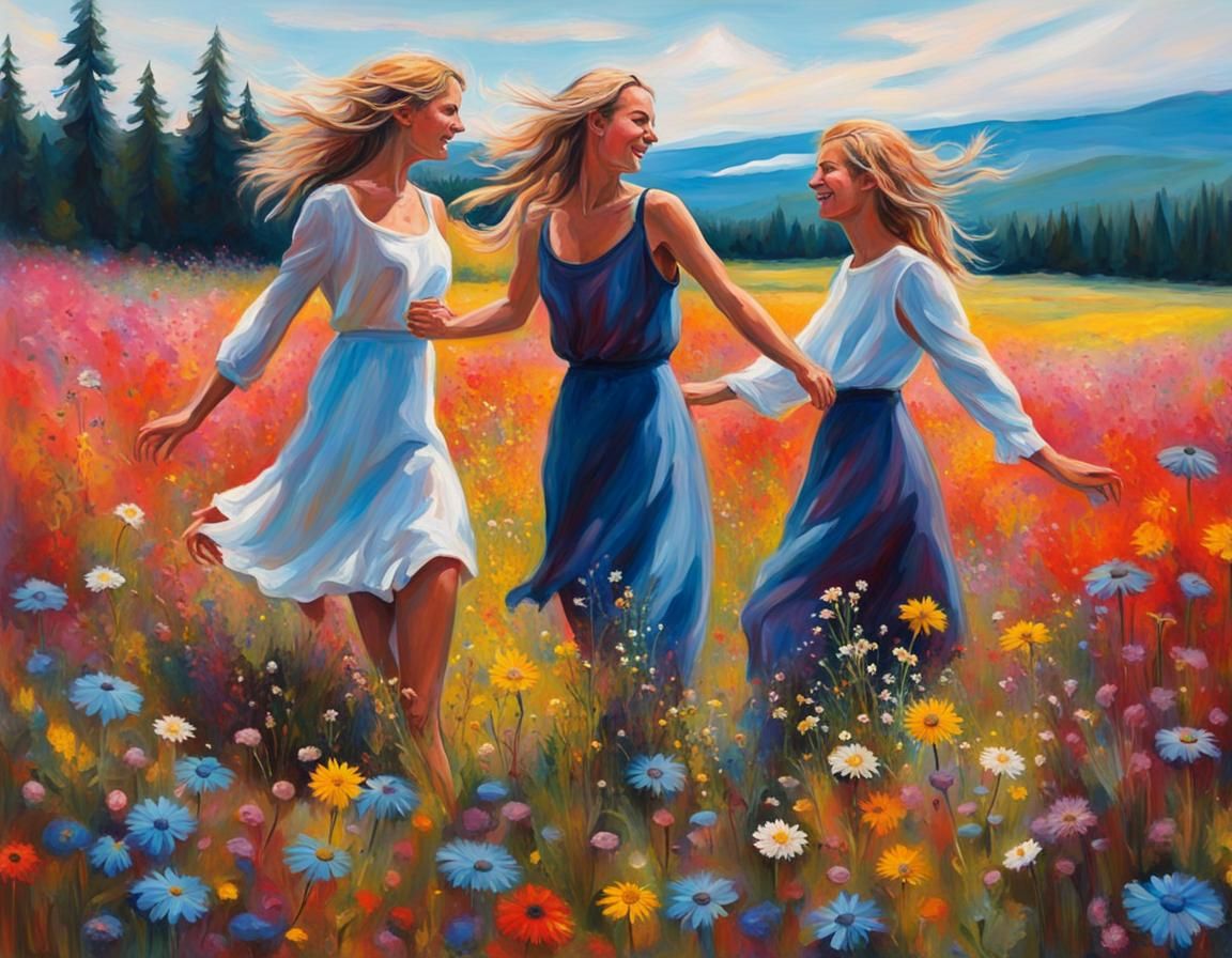 Swedish Girls Dancing in Wildflower Field, Expressionist Acr...