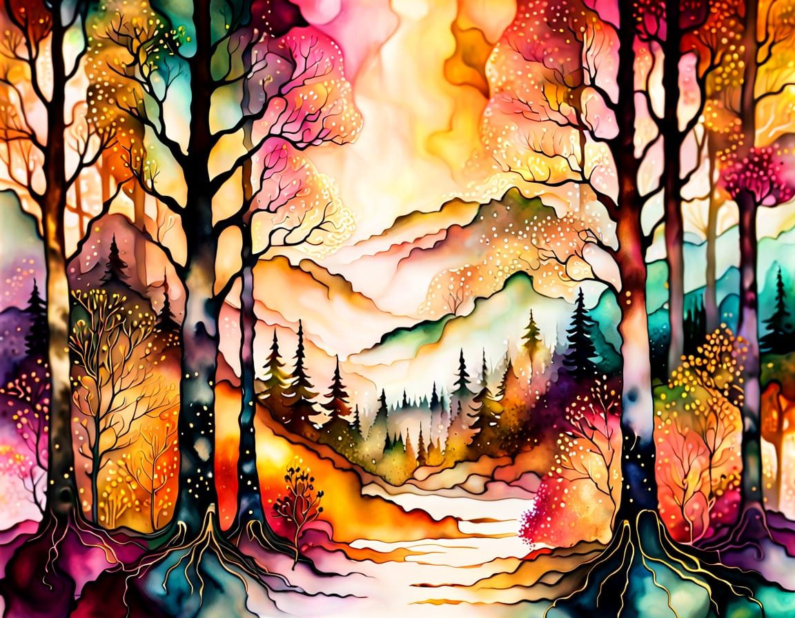 Mystical Autumn Forest in Alcohol Ink Style