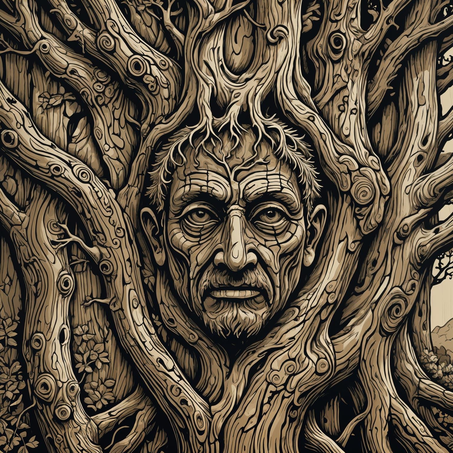 Ancient Tree Face in Woodcut Art Style