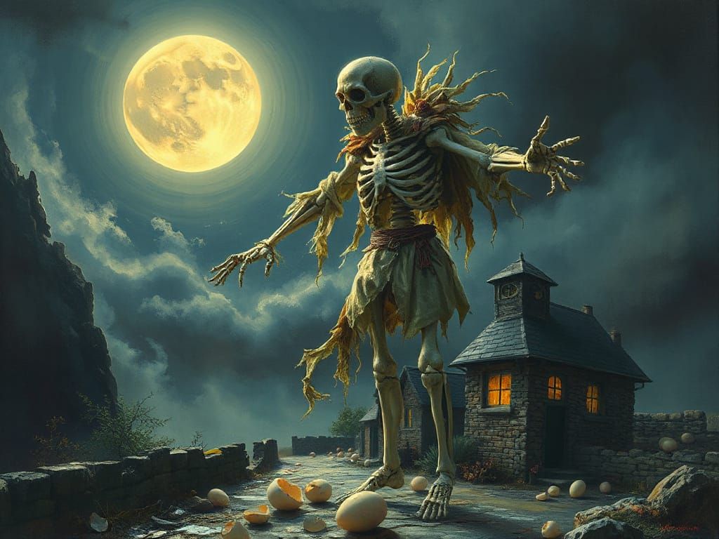 Haunted Village, Spectral Skeleton in Whimsical Horror Style
