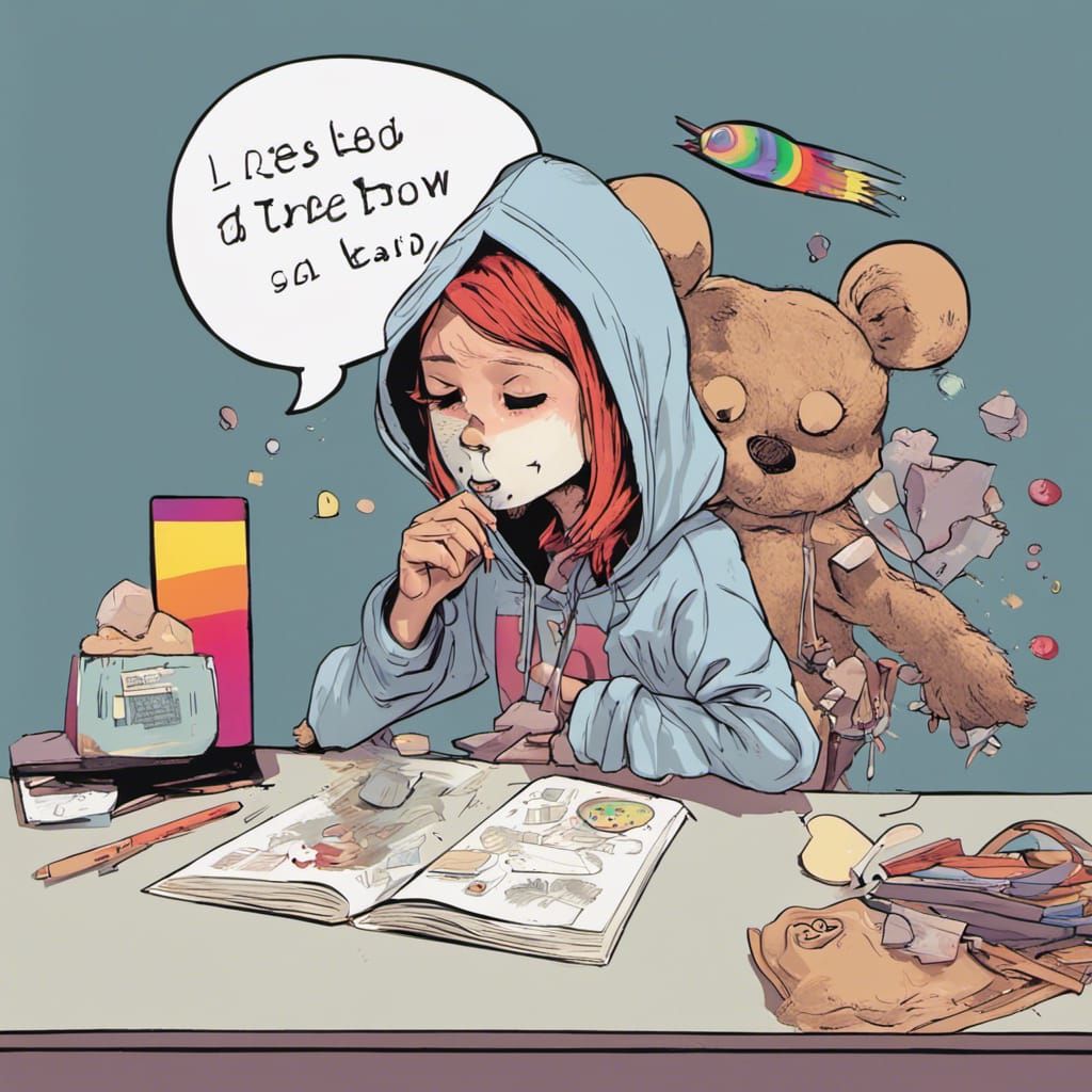 Skeleton Girl Snorting Words with Rainbow Thought