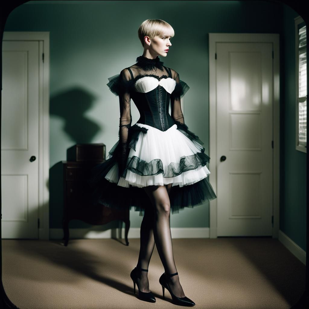 Dramatic Film Still of Boy in Corset and Heels