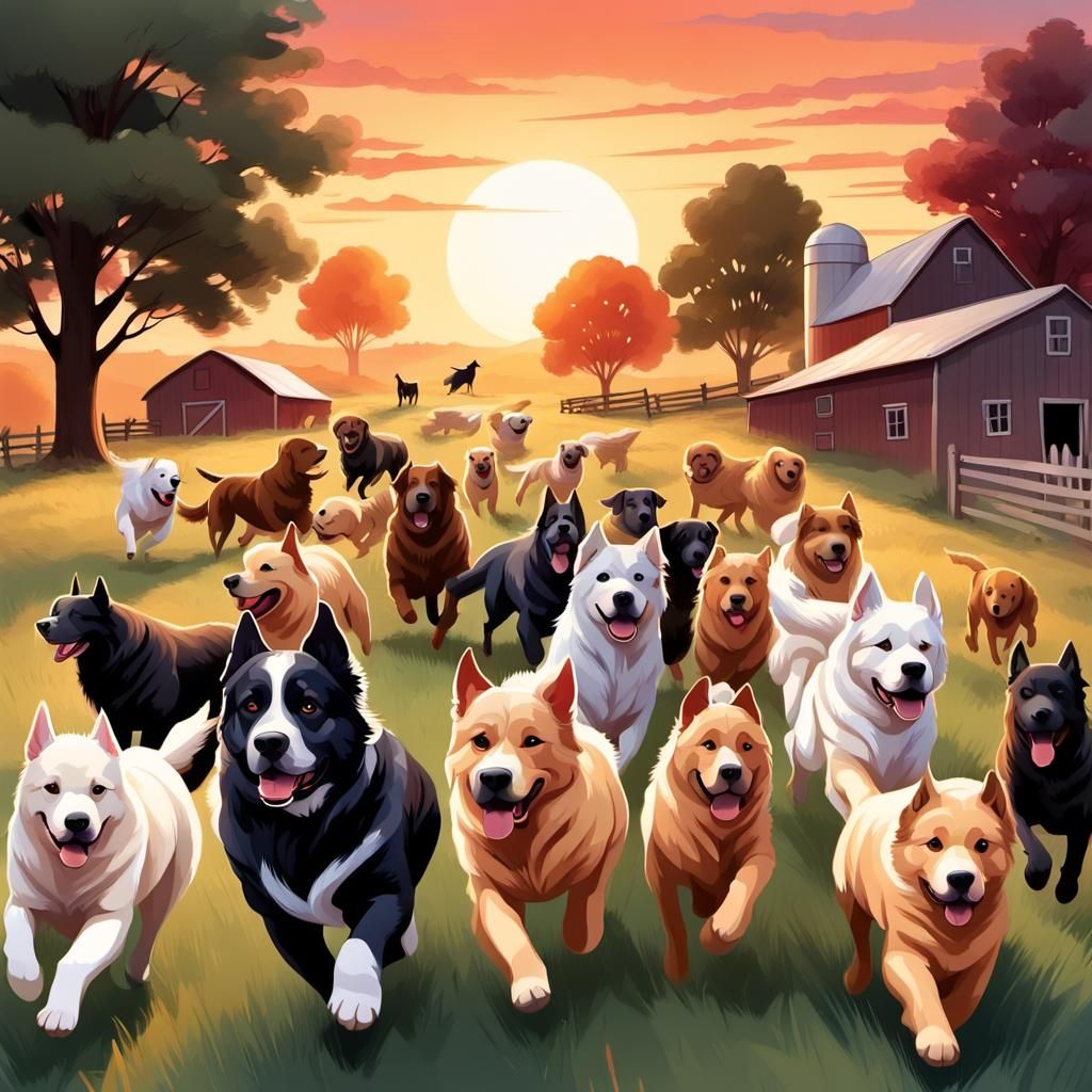 Dogs Running on Farm at Sunset