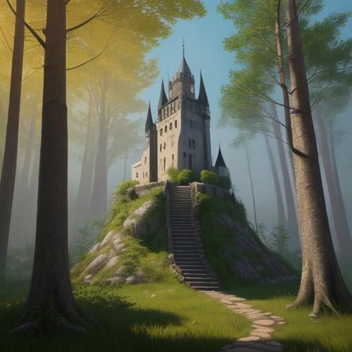 Medieval Tower in Forest: Vibrant Oil Painting