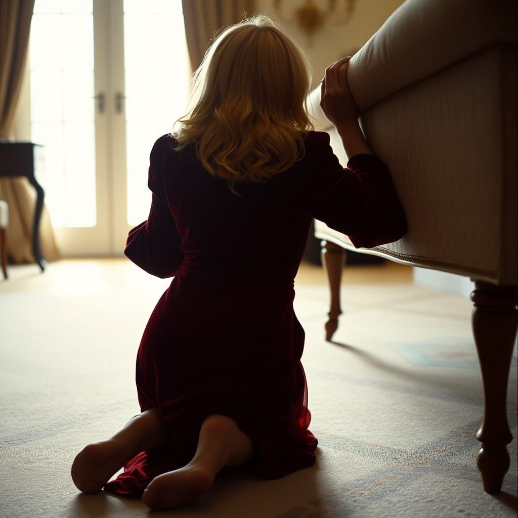 Adolescent Man Contemplates in Velvet Dress with Blonde Wig
