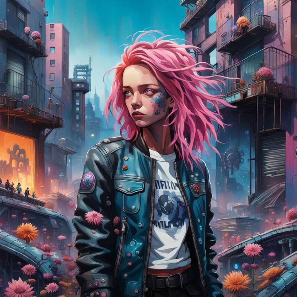Cyberpunk Woman in Dystopian Cityscape Art