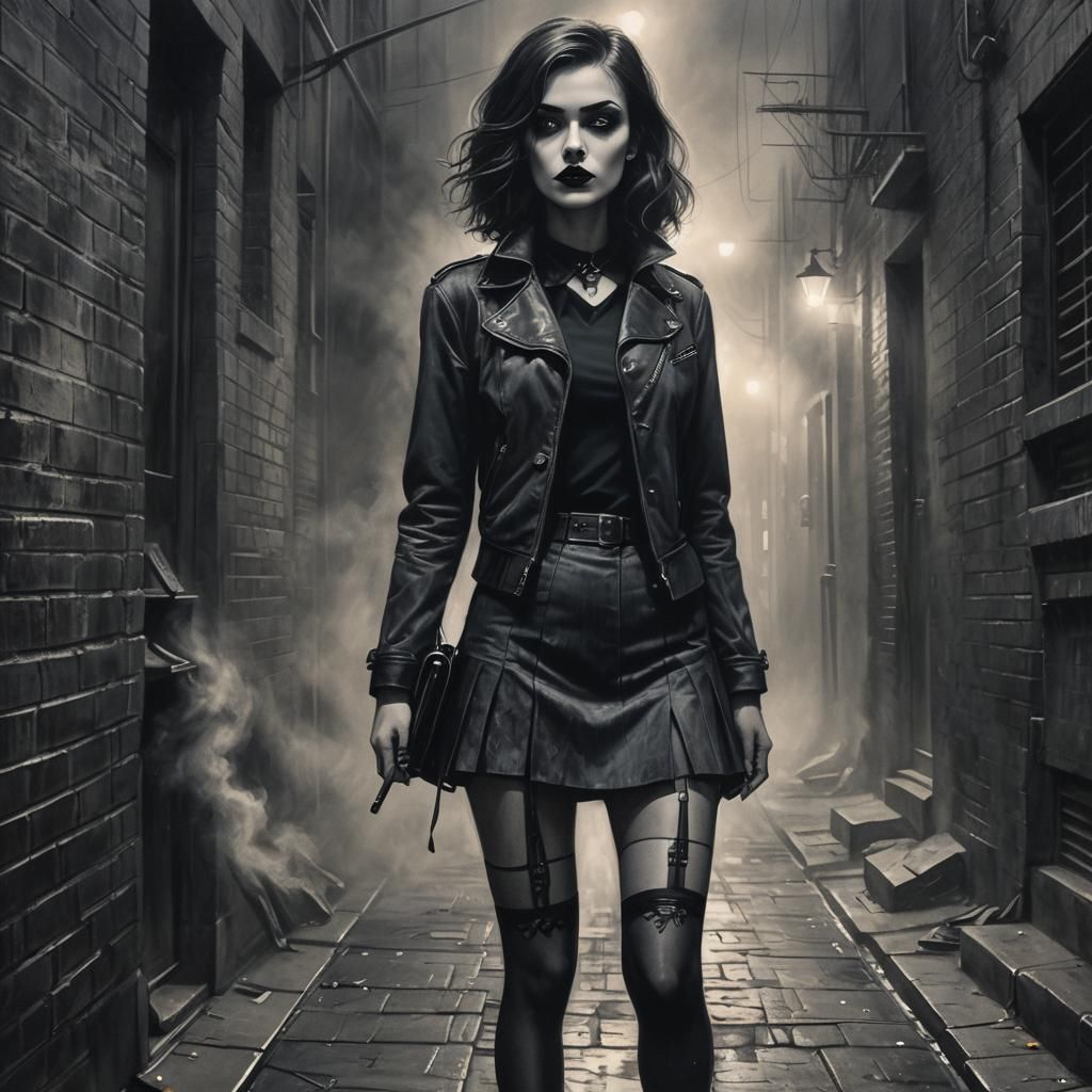 curvy goth woman wearing snug fitting miniskirt and stocking...