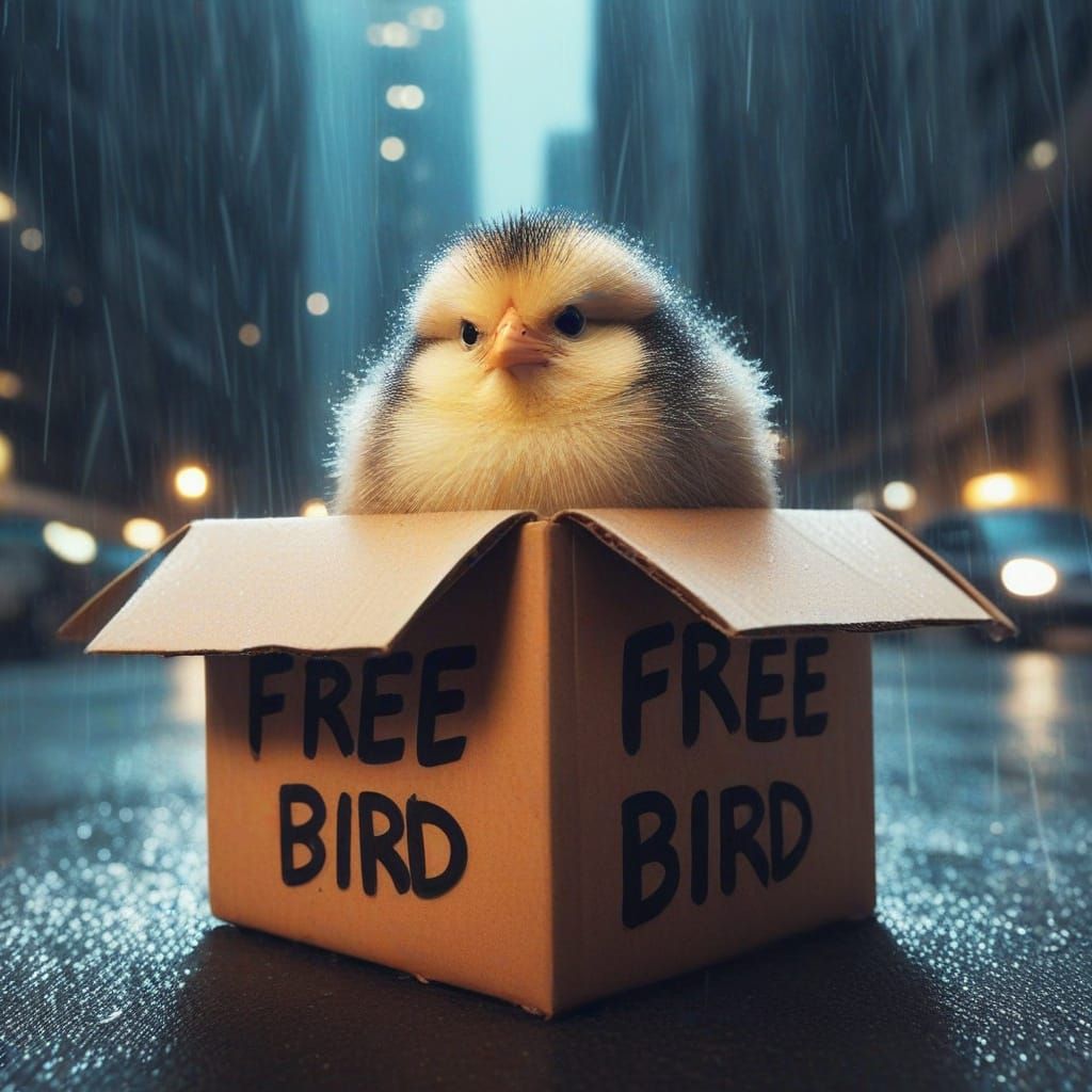 Tiny Angry Chick in Box on Rainy Street