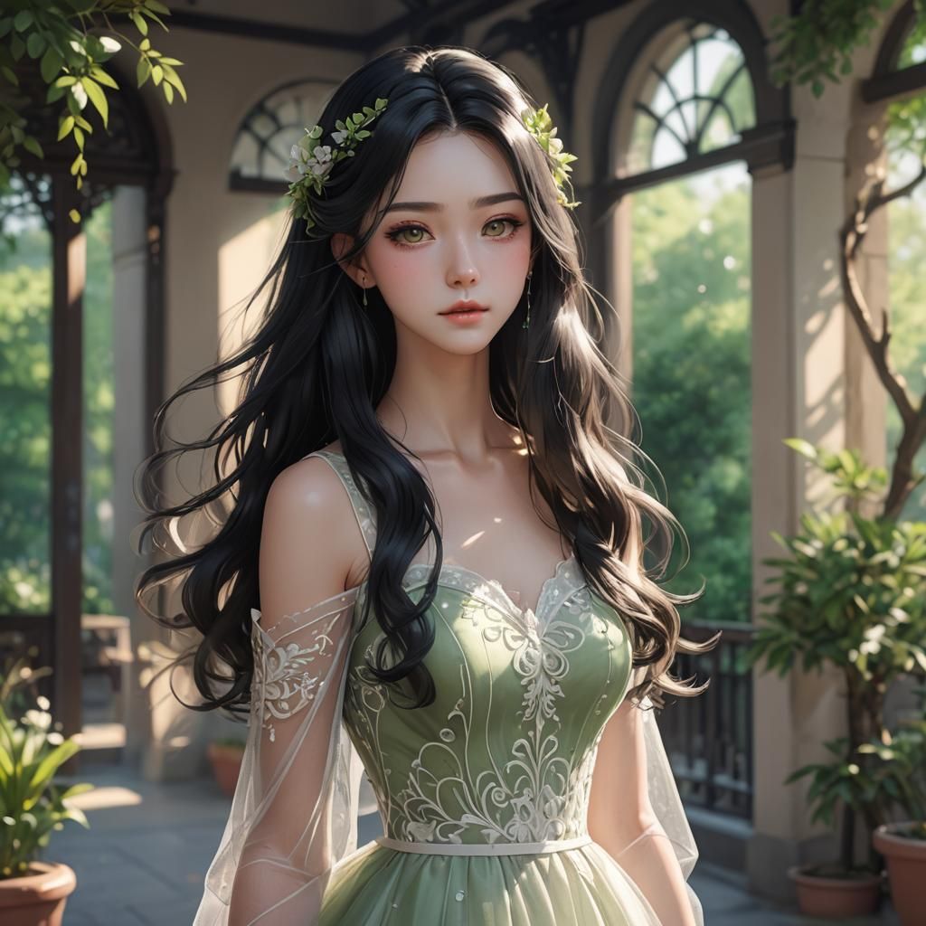 Anime Style Portrait of a Young Woman with Green Eyes