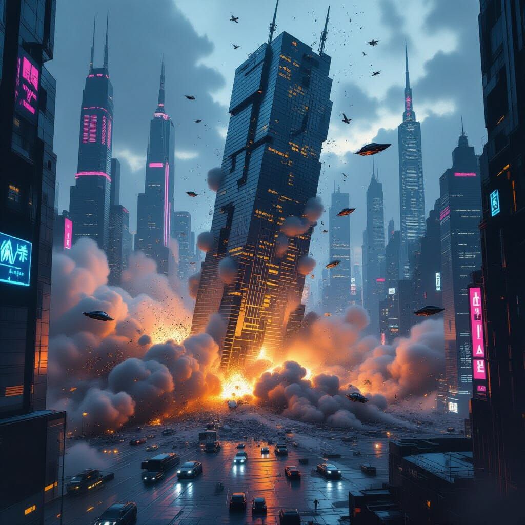 Cyberpunk Skyscraper Implosion in Futuristic Cityscape
