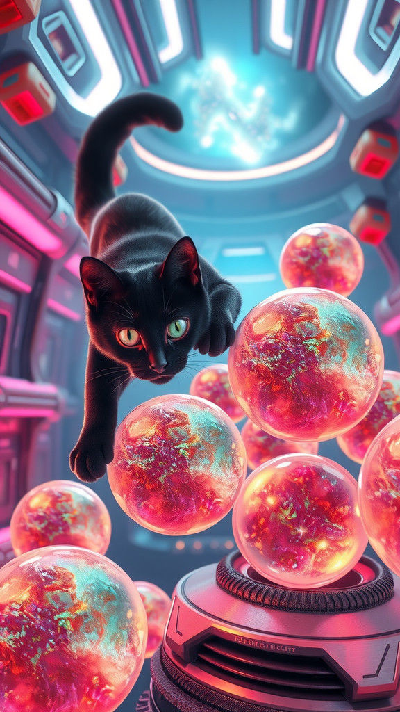 Tuxedo Cat Playing with Galaxy Orbs in Cyberpunk Style