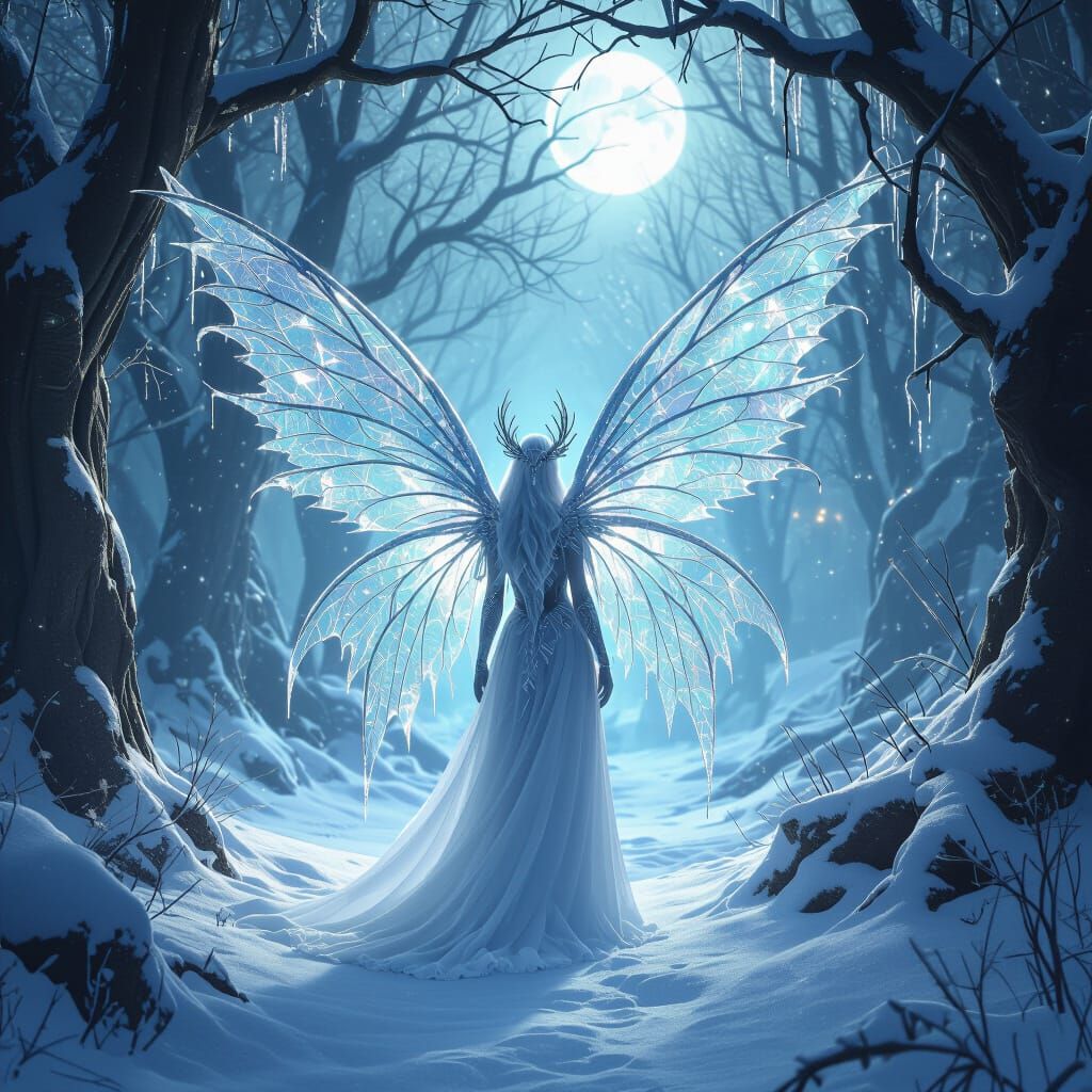 Ice Fairy Guards Enchanted Portal Under Ethereal Moonlight