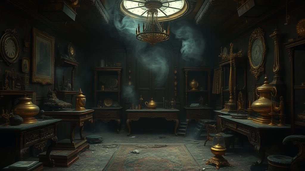 Eerie Chamber of Golden Relics in Dark Art Style