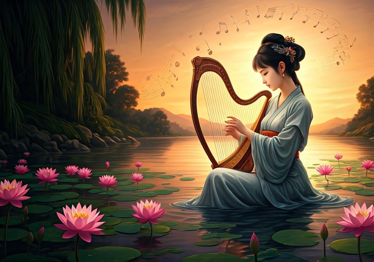 Harpist in Water Lilies: Embossed Watercolor Art