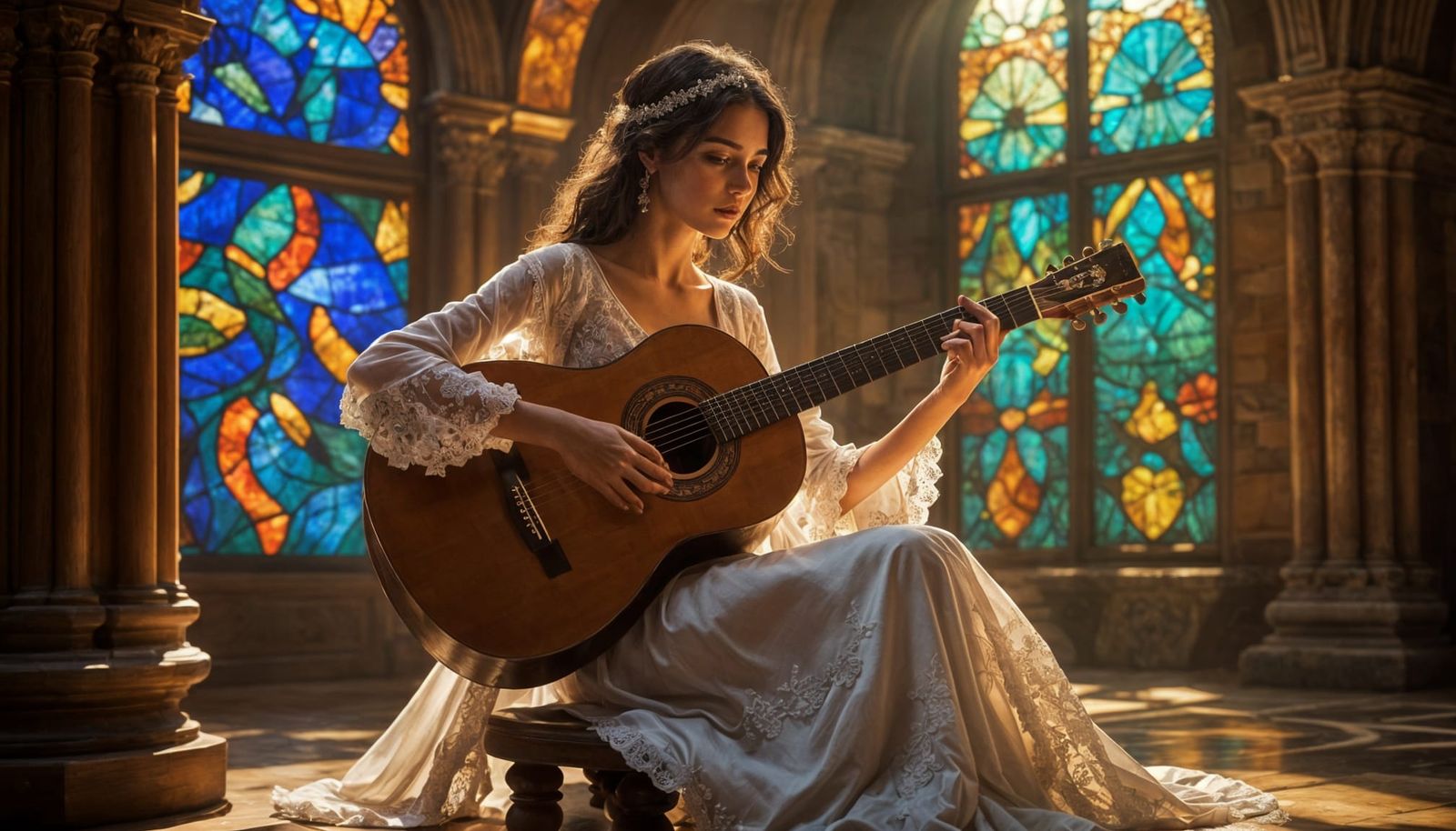 Elegant Spanish Woman Plays Guitar in La Sagrada Família's S...